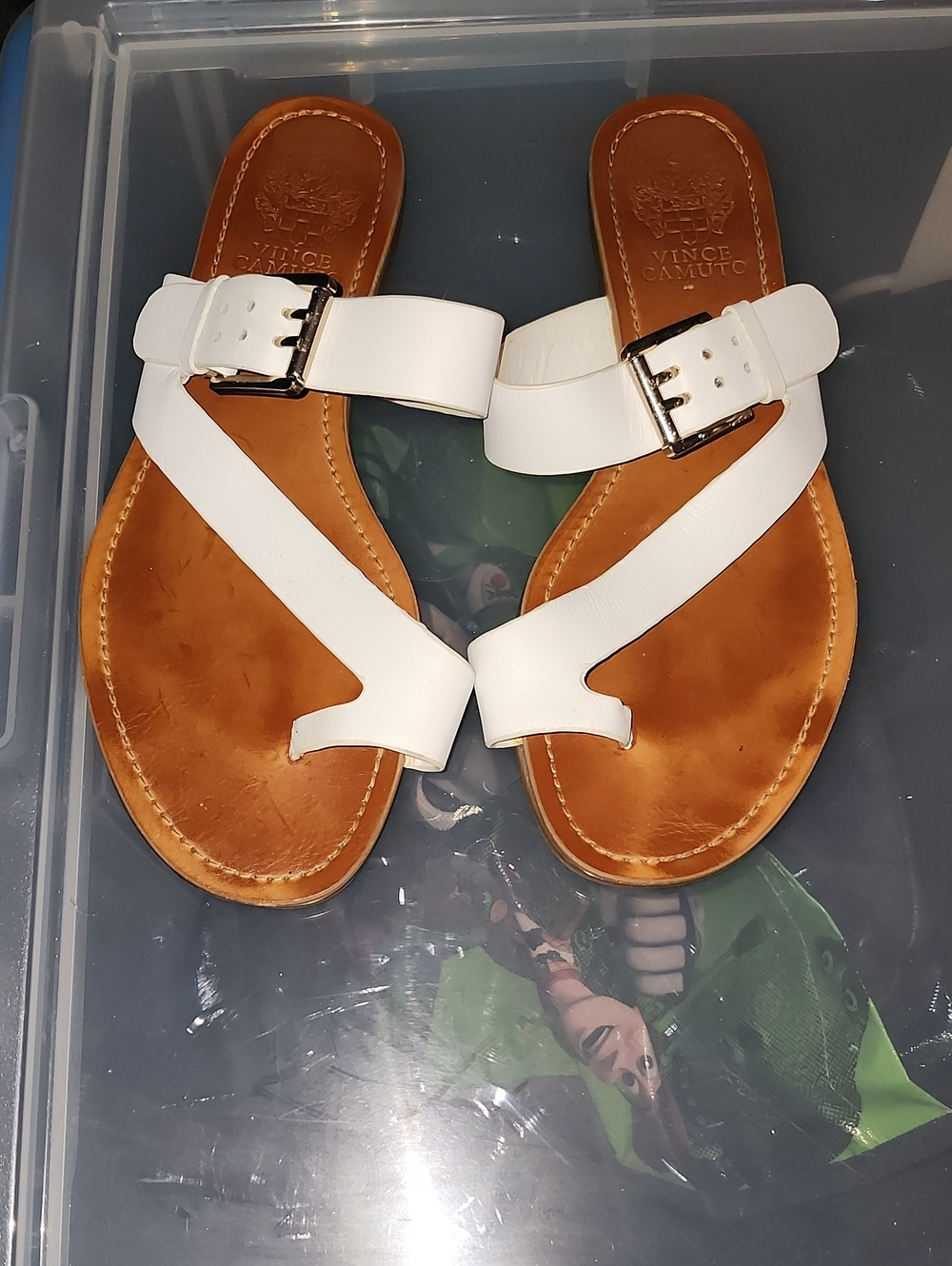 Vince Camuto White Leather Buckle Toe-Loop Sandals